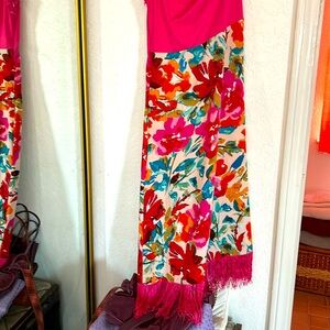 Pink Boho Womens Floral Print One Shoulder Fringe Hem Dress